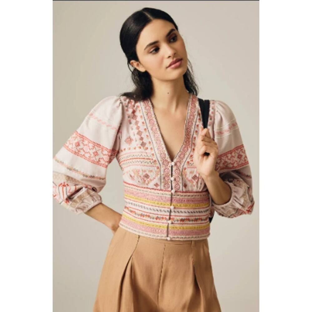 Anthropologie Conditions Apply Deep-V Top XL Pale Blush Pink Embroidered